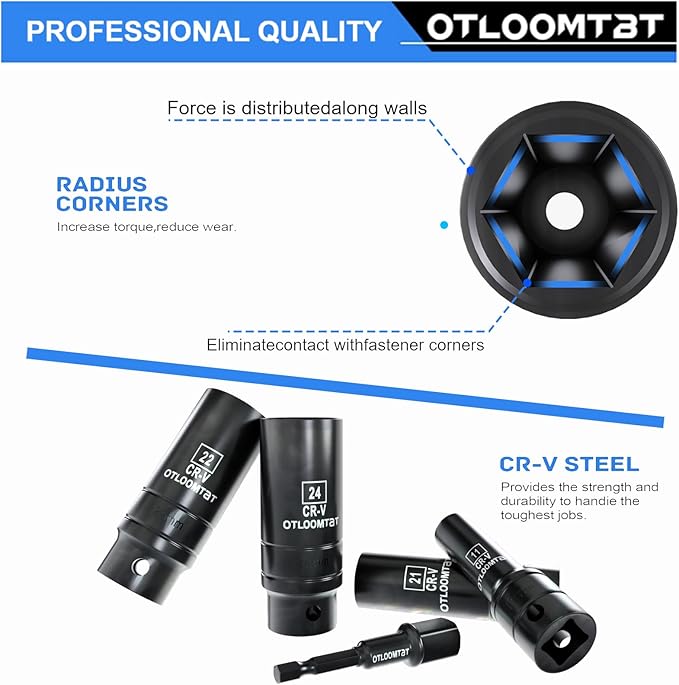 OTLOOMTBT 32PCS 1/2" Drive Impact Socket Set - Heavy Duty Industrial-Grade Deep Sockets, Metric/SAE Full Set with Extension Bar, Cr-V Steel Corrosion-Resistant Coating & Premium Storage Case