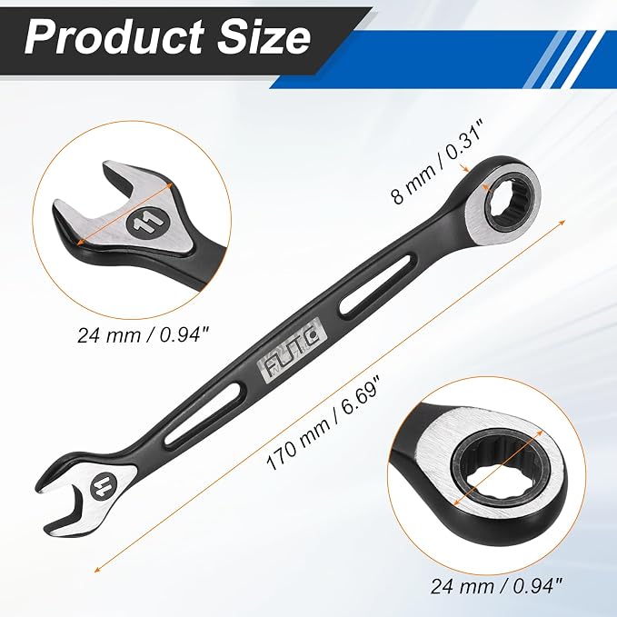 HARFINGTON Ratcheting Combination Wrench 11mm Stubby Wrench Metric High Carbon Steel Double 12-Point Box Open-Ended Ratchet Spanner Tool for Household Garage Workshop Auto Repairs, Black