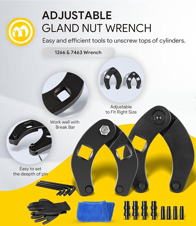 Gland Nut Wrench - Set of 2 Hydraulic Cylinder Spanner Wrench Adjustable - Spanner Wrench Set Includes Gloves, Microfiber Towel, Pins & Allen Wrenches, Suitable for Farm & Construction Equipment