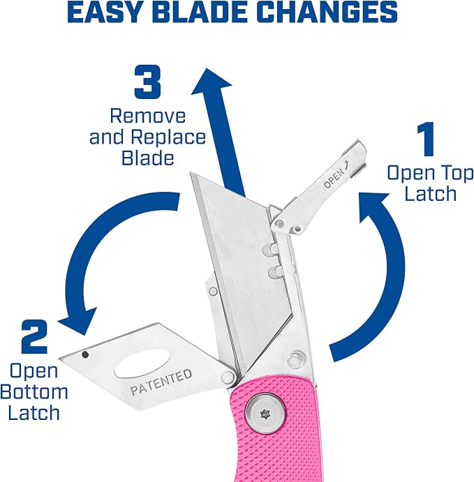 Sheffield 12353 Lock Back Utility Knife 3 Pack with 10 Blades, Quick Change Folding Box Cutter, Aluminum Handle Utility Knives with Pocket Clip, Pink, Purple & Light Blue