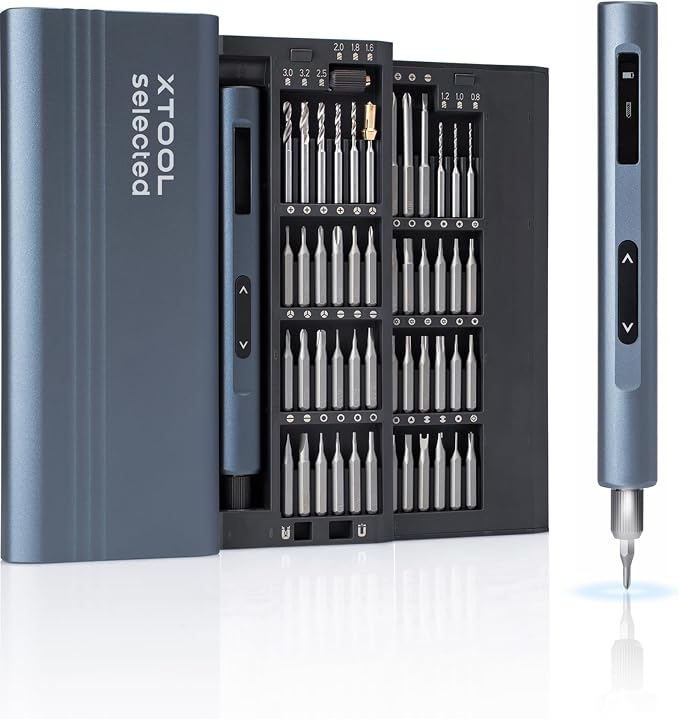 xTool Selected Mini Electric Screwdriver, 52-in-1 Precision Screwdriver Set Electric 400RPM 5 Torque Settings, 48 Drill Bits, Pry Bar, Led, Tweezers, Electric Precision Screwdriver Kit for Pc Building
