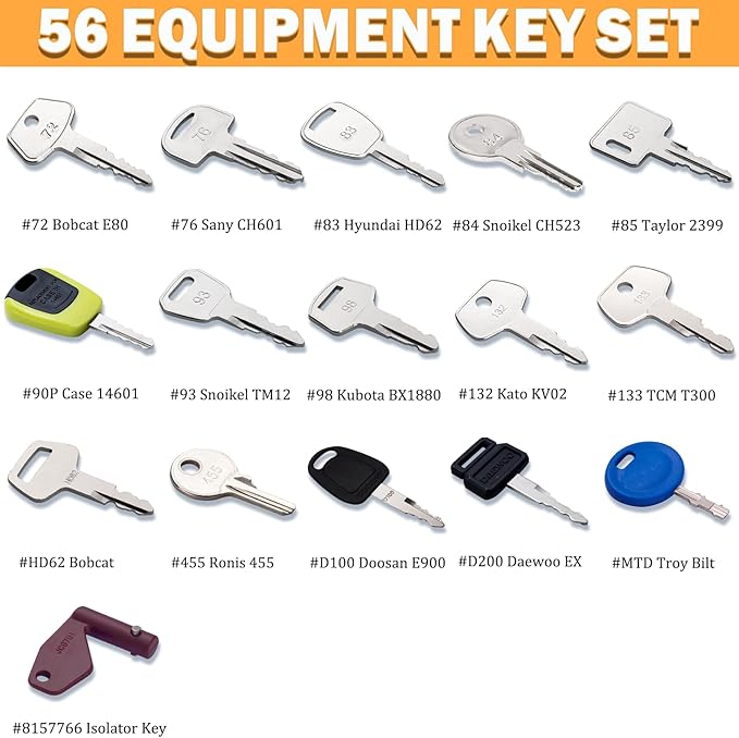 56 Premium Heavy Equipment Keys Master Set Original Construction Machine Ignition Keys Fits Cat Caterpillar JCB Case John Deere Komatsu Kubota Yanmar Linde Takeuchi Ford Holland Volvo