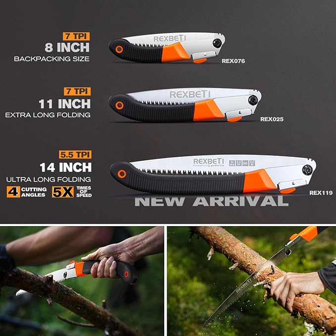 Sierra plegable REXBETI, hoja extralarga de 35,5 cm, sierras de mochila para senderismo y camping, sierra de podar para madera seca con 4 ángulos de corte, dientes endurecidos, sierras de jardín grandes de acero SK-5