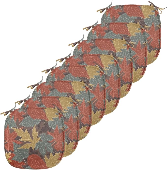 Lunarable Fall Leaves Chair Seating Cushion Set of 8, Large Leaf Silhouettes in Earth Tones, Anti-Slip Seat Padding for Kitchen & Patio, 16"x16", Paprika Multicolor