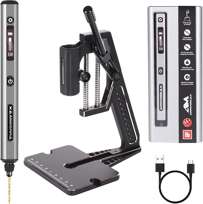 5-Speed Mini Electric Drill Pen with Benchtop Press, 10 Small Bits with Aluminium Box, LED Lights, OLED Display, Resin Drill Set For Jewelry Making, Plastic, Wood