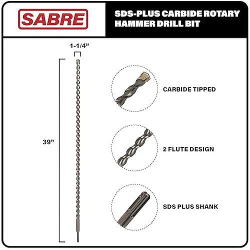 1-1/4 Inch x 39 Inch SDS Plus Rotary Hammer Drill Bit, Carbide Tipped for Brick, Stone, Concrete (1-1/4" x 37" x 39")