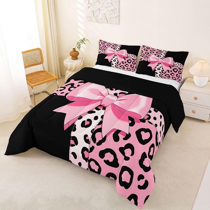 Feelyou Leopard Print Comforter Set All Season Cute Cheetah Bow Bedding Set with 2 Pillow Cases Animal Fur Microfiber Kids Queen Bedclothes Bedroom Decor Duvet Quilt Breathable Soft Lightweight