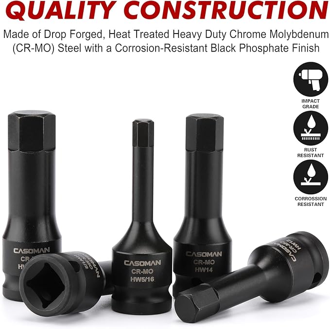 CASOMAN 1/2" Drive Master Impact Hex Bit Set, Hex Driver, SAE/Metric, 1/4" - 3/4", 6mm - 19mm, Cr-Mo Steel,Impact Grade, One-Piece Construction, 20-Piece 1/2" Drive Allen Bit Socket Set