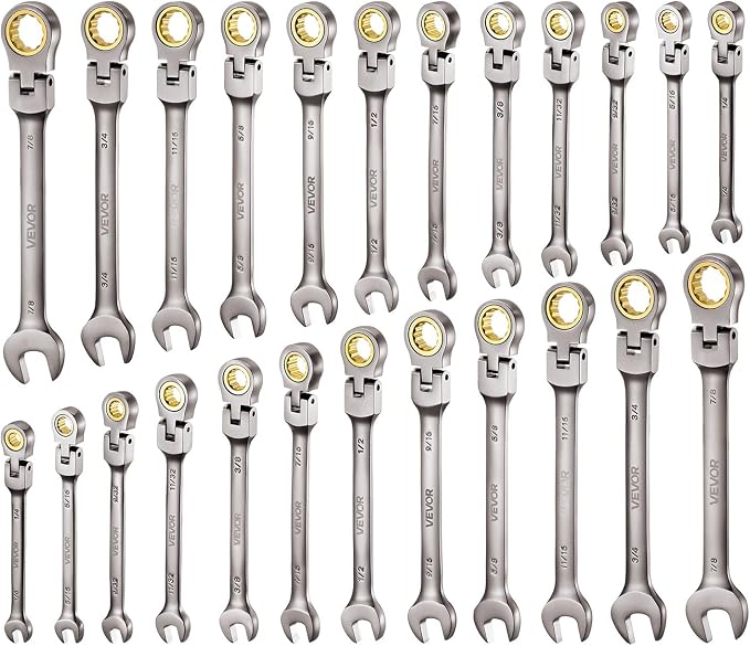 VEVOR 24-piece Ratcheting Wrench Set with 180° Flex Head, Anti-Slip Tooth, Combination Wrench Sets with Organizer Box, Metric 8-19mm & SAE 1/4-3/4", Nickel Plating