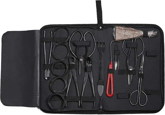 Gardening Tools，10PCS Bonsai Tool Kit ，Hand Made Set Carbon Steel Shear Cutter Scissor Wire Plant Gardening Nylon Case