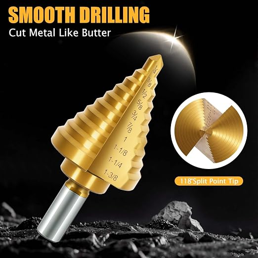 Titanium Step Drill Bit - 4241 HSS Step Bit with Two Straight Grooved, 1/4" to 1-3/8" Step Bit for Metal, 10 Sizes HSS Step Drill Unibit for Metal, Aluminum, Wood & Plastic