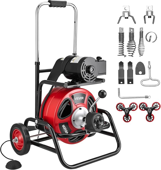 VEVOR Drain Cleaner Machine 100 FT x 3/8 Inch, Auto Feed Sewer Snake Auger, Portable Drain Cleaning Machine with Climbing Wheels, Adjustable Drum, 8 Cutters & Foot Switch for 2" to 4" Pipes