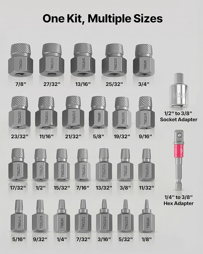 VEVOR 27Pcs Screw Extractor Set Hex Head Multi-Spline Easy Out Bolt Extractor Tool, CR-MO Steel Heavy Duty EZ Out Rounded Screw Remover, Adapters