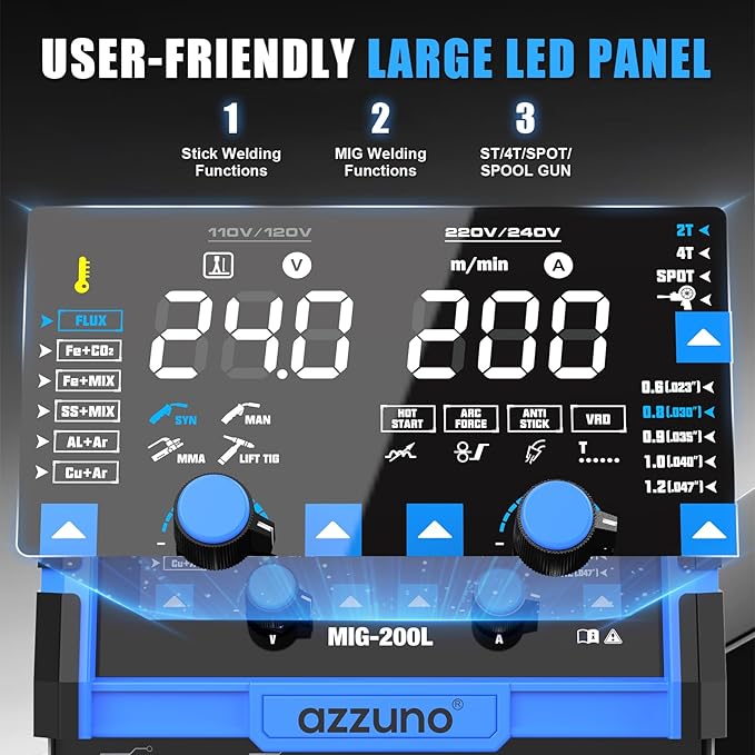 AZZUNO Aluminum MIG Welder 200A 110V/220V, 8 in 1 Multi-process Welder Machine Aluminum MIG/Gas MAG/Gasless Flux Core MIG/Gas MIG/Spot MIG/Spool Gun Compatible/Lift TIG/Stick Welding