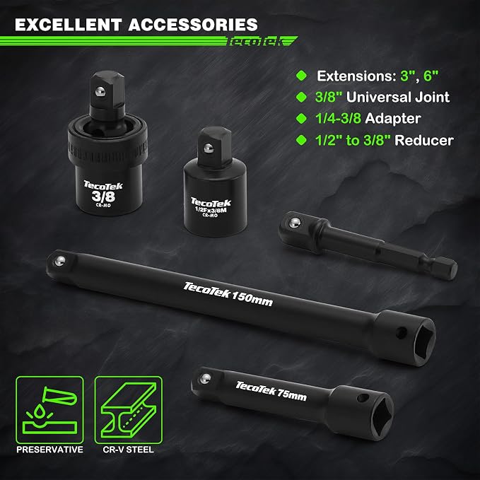 TecoTek 3/8" Drive Impact Socket Set, 49-Piece Standard SAE (5/16"-3/4") and Metric (8mm-22mm), 6 Point, Cr-V, Extension Bars, 1/2" F to 3/8" M Reducer, Universal Joint and Power Drill Adapter