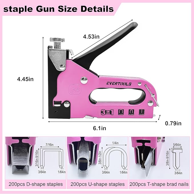 3-in-1 Pink Staple Gun, Manual Upholstery Staple Gun with 600 Staples for Crafts, Fabric, Furniture Repair, Wood & DIY