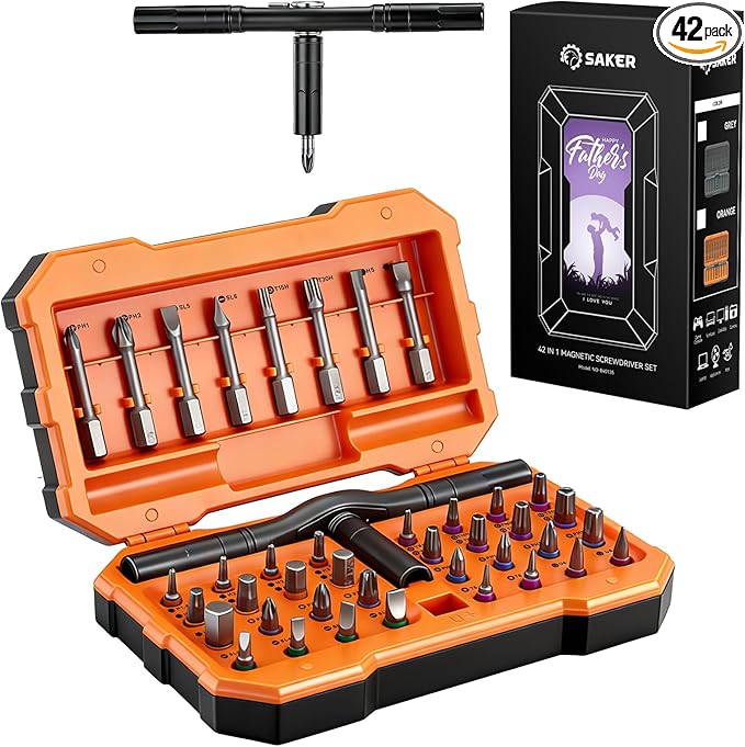 Saker 42-in-1 Magnetic Screwdriver Set for Father’s Day Gift, Screwdriver Set with T Handle & Storage Case, for Men Gift, Furniture, Computer, Bicycle, and DIY, Orange
