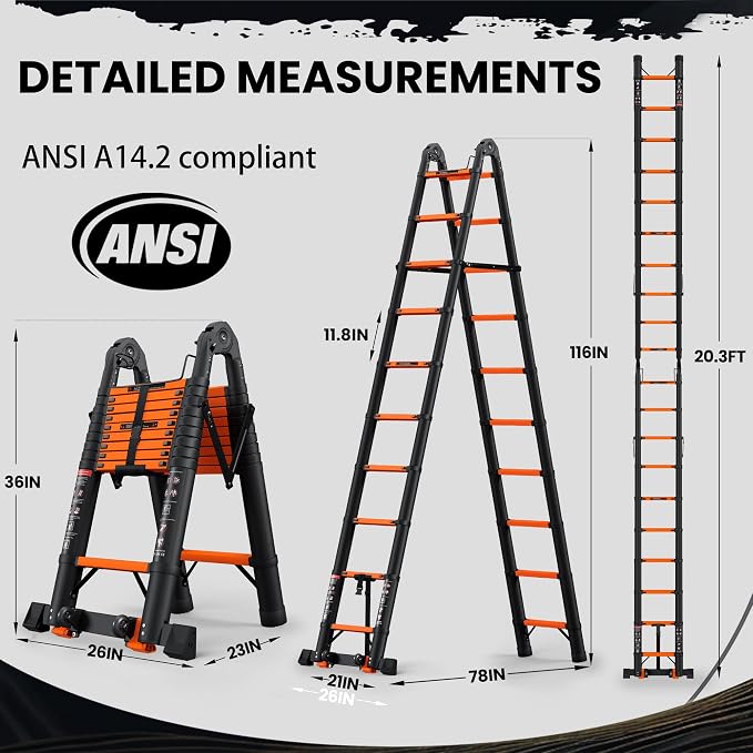 SINMEIRUN Telescoping Ladder, 20.3 FT, A Frame, Aluminum Extension Ladder, 330 lbs Capacity, Collapsible Multi-Purpose Ladder for Home, Roof and RV; Orange