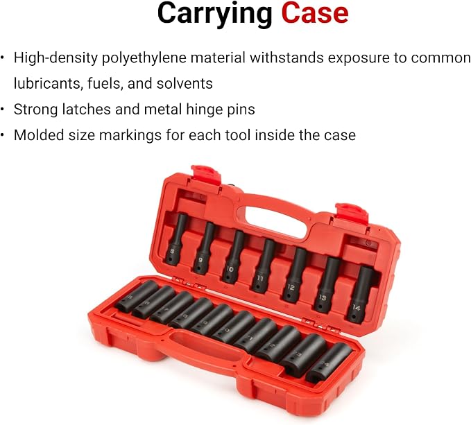 TEKTON 1/2 Inch Drive Impact Socket Set, 17-Piece | SID92329 | (8 - 24 mm), Deep, 6-Point, Case