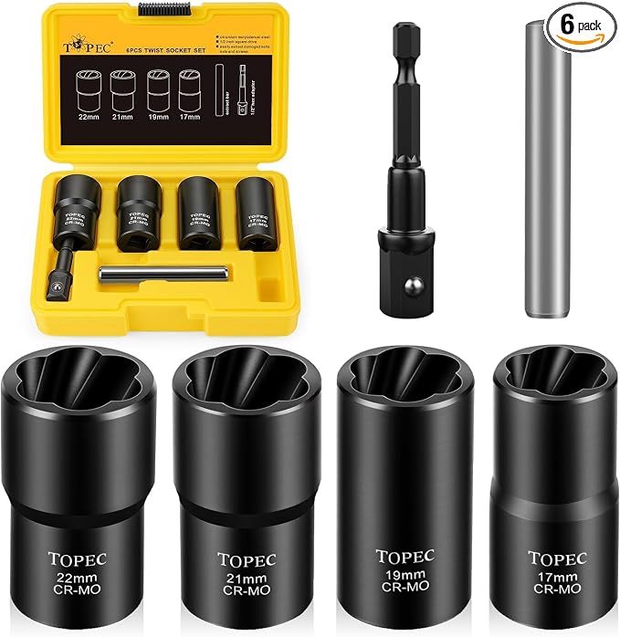 Topec 6PCS Wheel Lock Removal Kit, 1/2-Inch Drive Lug Nut Removal Tool, 17,19,21,22mm Stripped Lug Nut Remover, Extractor Socket Set for Broken, Damaged, Rounded Bolts