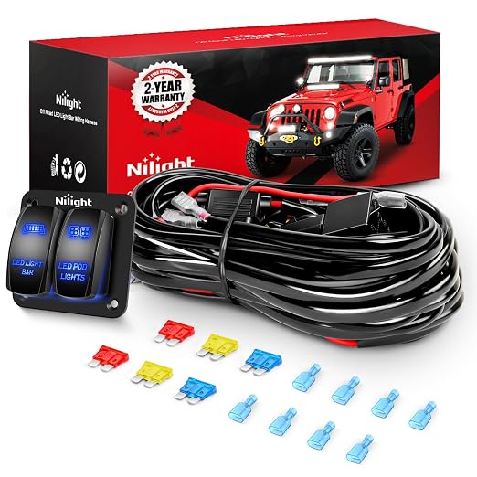 Nilight 16AWG LED Light Bar Wiring Harness Kit-4 Leads | 12V On/Off 2 Gang Laser Etched Pod Lights Rocker Switch Panel Power Relay Fuse 5Pin Toggle for Cars Boat ATV Trucks