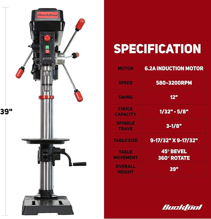 BUCKTOOL 12 INCH 6.2A Professional Bench Drill Press, 3/4HP Powerful Benchtop Drill Press, Variable Speed Drill Press with IIIA Laser and Work Light