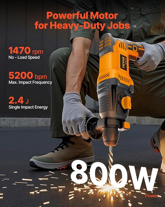 VEVOR 1 Inch SDS-Plus Rotary Hammer Drill, 8 Amp Corded Drills, Heavy Duty Chipping Hammers w/Safety Clutch, Electric Demolition Hammers, Taladro Rotomartillo, Power Tool For Concrete