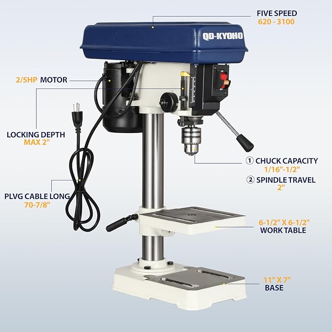 QK-KYOHO 8" Benchtop Drill Press - 3.1A Motor Drill Press Heavy-Duty Cast Iron Head - Bench Drill Press 5 Speed Adjustable (620-3100 RPM) - 0-45°Tilting&Height Adjustable Table Drill Presses