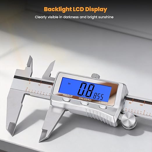 HARDELL Digital Caliper, Rechargeable Caliper Measuring Tool with Backlight LCD Screen, All Metal Calipers, Auto-Off Digital Micrometer, Inch/MM/Fraction for Household/3D-Printing-Rechargeable 6 Inch