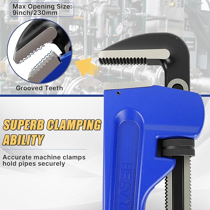 60 Inch Pipe Wrench, Max 9 Inch Jaw Opening, Carbon Steel Plumbing Tool | Straight Handle Wrench Set with Gloves and 8 Inch Pipe Wrench for Mechanics, Plumbing and Construction, Blue