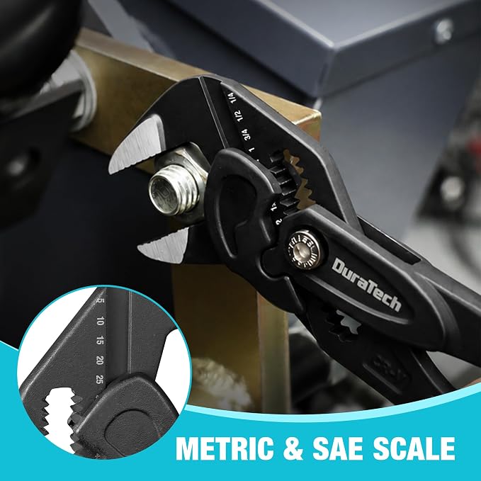 DURATECH 10-Inch Pliers Wrench, CR-V Steel Adjustable Wrench with Metric & SAE Scale, Black Finish Parallel Pliers with Ergonomic Grips, for Home Repair & Nut Tightening