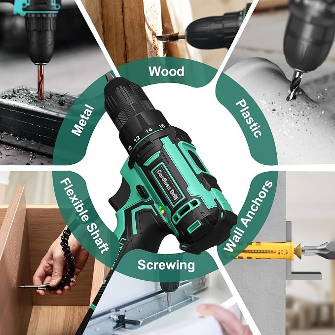 Cordless Drill Set,12V Power Drill Driver 3/8" Keyless Chuck with 92 Acessories, Built-in LED Light, 25+1 Position, Electric Drill for Home DIY Projects（Cyan）