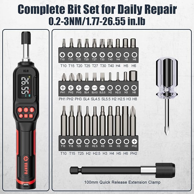 VANPO Digital Torque Screwdriver, 1.77-26.55 in.lb, ±2% Accuracy | 0.2-3Nm, 1/4" Inch Pound Torque Screwdriver Set with S2 Bits, LCD Display & Audible Buzzer & 4 Unit for Bike,Scope Mounting