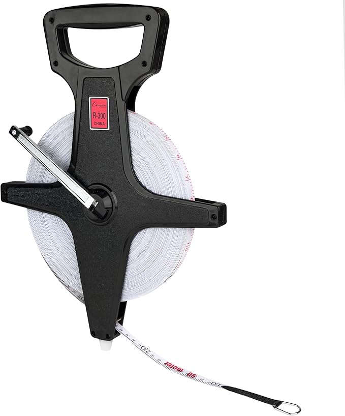 Champion Sports Open Reel Measuring Tapes – Durable Hand Crank with Metal Spike, Dual-Sided Feet & Meters, Perfect for Track & Field and Long Jump, 300 Feet/90 Meters
