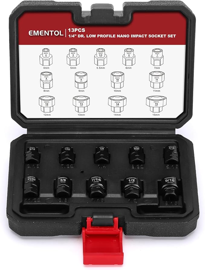 EMENTOL 13-Piece 1/4" Drive Stubby Impact Socket Set, Metric | 4mm -15mm Low Profile Sockets, 12mm Base Hex, CR-MO, Compact Design for Tight Access