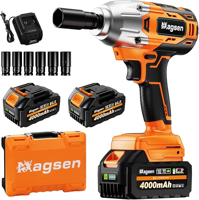 Cordless Impact Wrench 700 FT-LBS(950N.m) 1/2 Impact Gun High Torque Electric Impact Driver Cordless Impact Wrench with 21V 2x4.0Ah Battery 6 Sockets&Case for Home Car Tire Lug Nut Removal Tool