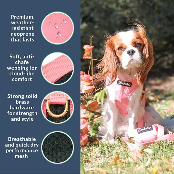 Adventure Dog Harness - Stylish, and Durable Large Dog Harness for Outdoor Adventures and Everyday Wear - Quartz Pink Neoprene Adjustable Harness for Dogs with Reflective Piping, Brass D-Ring