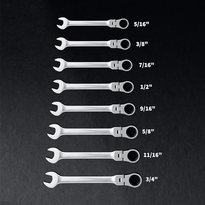Garvee 8 Piece SAE Ratcheting Wrench Set Combination Ratcheting Wrench Set | 72-Tooth 5° Swing Arc 40Cr Steel, SAE 5/16" to 3/4" Coverage for Automotive Repair, Mechanical Maintenance & DIY Projects