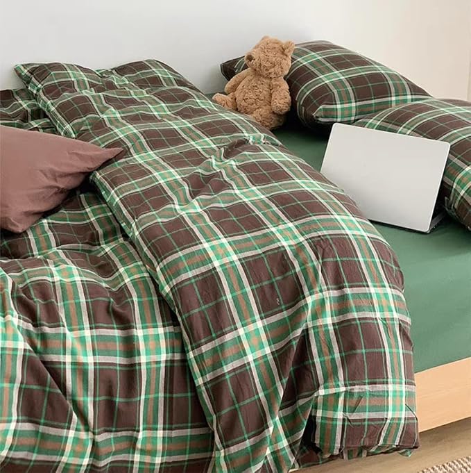 Sedefen Gingham Duvet Cover Queen Brown Vintage Plaid Bedding Set with Green Checked Kids Boys Girls Retro Soft Microfiber Breathable Duvet Cover Set