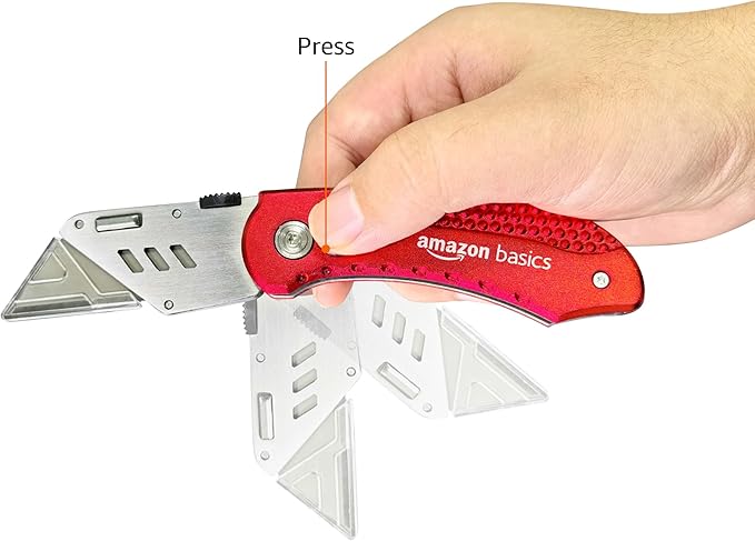 Amazon Basics Folding Utility Knife Box Cutter with Back-lock Mechanism, Portable Lightweight Aluminum Handle, Red