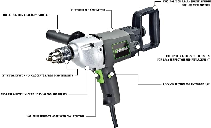 Genesis 1/2" 9.0 Amp Electric Drill Variable Speed Electric Mud Mixer Drill with Lock-On Button, Three-Position Auxiliary Handle, Two-Position Spade Handle, Chuck Key, and 2 Year Warranty GSHD1290