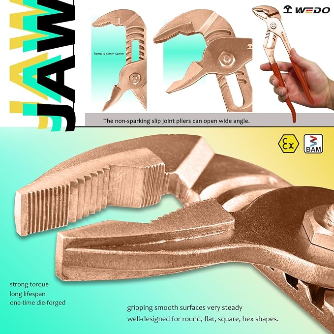 WEDO Water Pump Pliers, Slip Joint Pliers, Tongue and Groove Pliers, Length 12 inch, length 300mm, Max jaw opening 52mm, Beryllium Copper, Non-Sparking, DIN Standard, BAM & FM Certificate