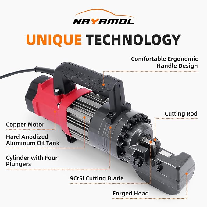 RC-22 1400W Electric Hydraulic Rebar Cutter Tool, Cuts 3/16"(5mm)–7/8"(22mm) #7 Rebar, Fast 2–3s Cutting Speed, 110V Portable Rebar Shear Machine with Pure Copper Motor and Toolbox