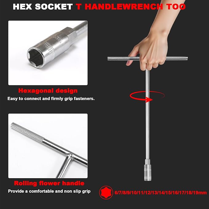 T-Handle Socket Wrench Set, 14PCS Metric，Vanadium Steel | 6, 7, 8, 9, 10, 11, 12, 13, 14, (15-19mm), 6-Point Hex Socket, Chrome Vanadium Steel, For Motorcycle Car Bicycle Repair