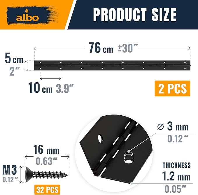 ALBO 30 Inch Black Heavy Duty Piano Hinge Continuous Stainless Steel 304 (2-Pack), Surface Mount Cabinet Hinges Matte Black 30"x2" for Large Cabinet, Industrial Storage & Equipment Door
