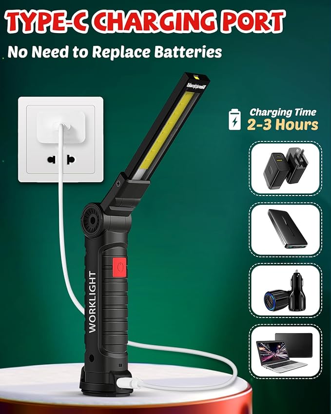 Coquimbo Tool Fathers Day Dad Gifts for Men Him Husband, Rechargeable LED Work Light BBQ Grill with Magnetic Base Hook, 360° Rotate Mechanic Flashlight Mens Easter Birthday Gifts (2 Pack Black)