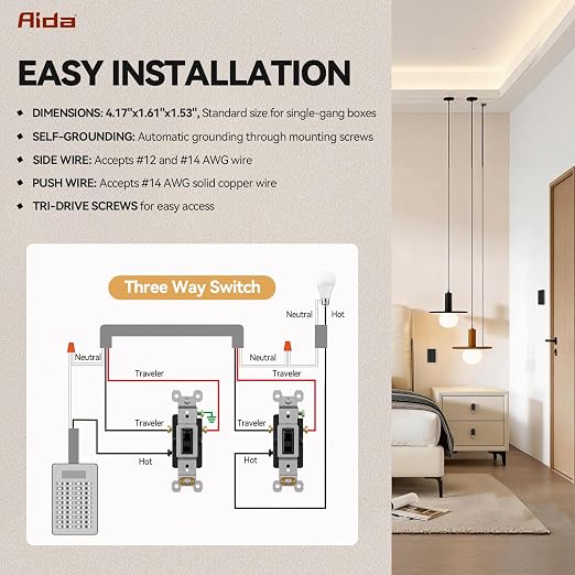AIDA 1 Pack 3 Way Toggle Light Switch, 15 Amp, 120 Volt, Toggle Framed AC Quiet Switch, in Wall On/Off Switch Replacement, Self-Grounding, Residential and Commercial Grade, UL,Glossy Black