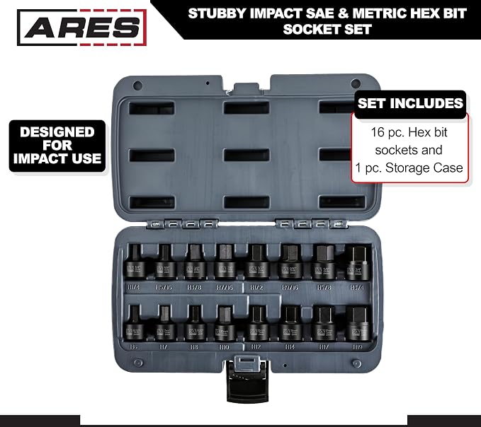 ARES 23021 16-Piece Stubby Impact SAE and Metric Hex Bit Socket Set | Chrome Moly Steel Construction and Manganese Phosphate Coating; Includes Storage Case
