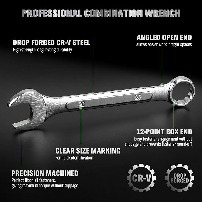30-Piece Combination Wrench Set, Metric (6mm-24mm) & SAE (1''-1/4"), Standard Spanner Wrench Set, Mechanic Tool Sets with Rolling Pouch, Open End Wrenches for Household, Garage, Workshop, Auto Repairs