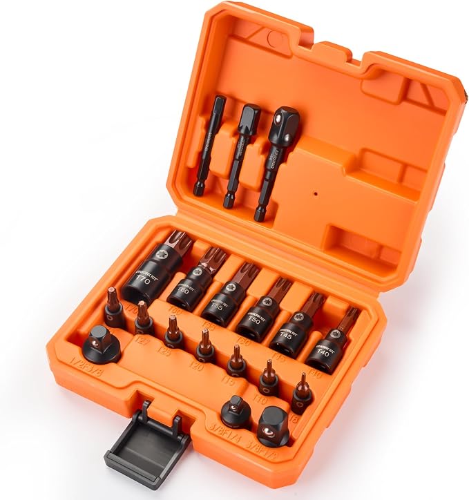 19-Piece Torx Bit Socket Set T8-T70, 1/4", 3/8" And 1/2" Drive, S2 Steel 6 Point Star Bits, CR-V Sockets and 3 Adapter Storage Case for Hand Use Work on Cars, Trucks